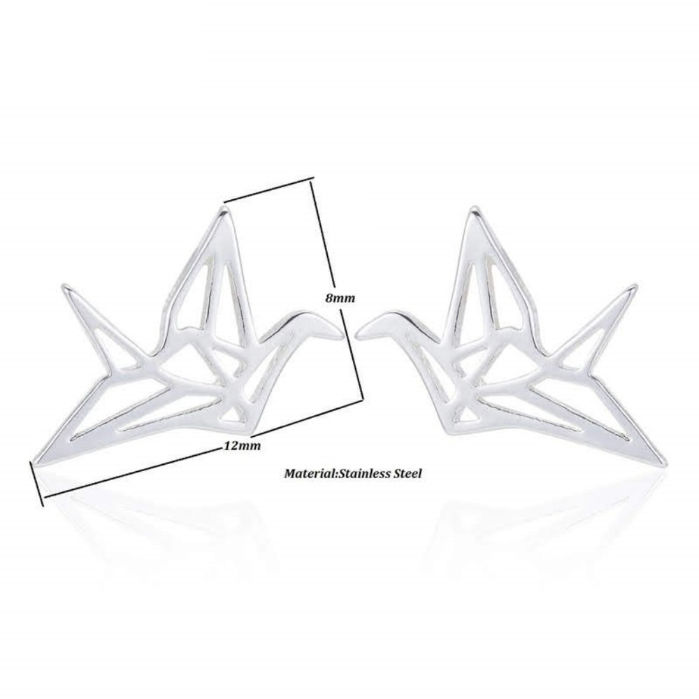 Silver Stainless Steel Origami Paper Crane Laser Cut Stud Earrings - Brand New! - Picture 7 of 8